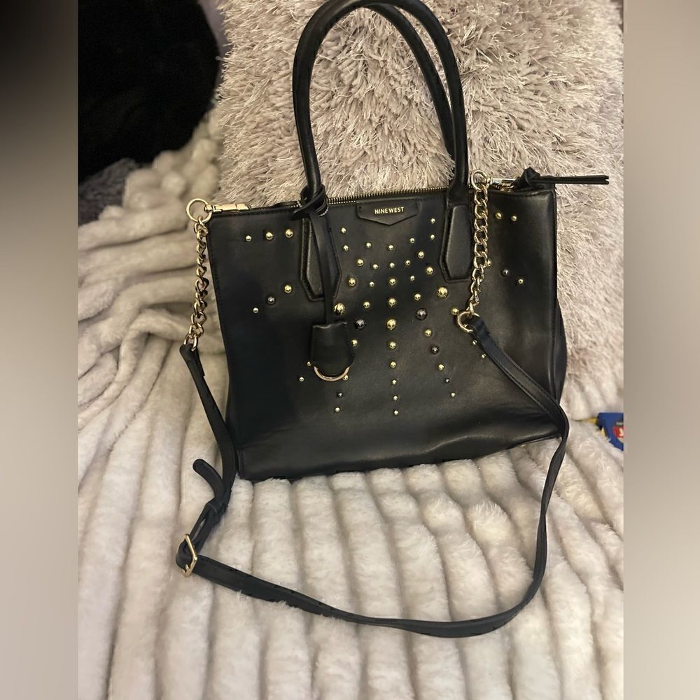 Black gold silver nine west ivy maddol shopper tote bag purse pocketbook - Picture 4 of 12